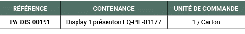 R F RENCE,CONTENANCE,UNIT DE COMMANDE,PA DIS 00191,Display 1 pr sentoir EQ PIE 01177,1 / Carton