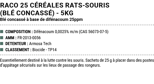 RACO 25 C R ALES RATS SOURIS (BL CONCASS ) 5kg Bl  concass    base de dif nacoum 25ppm ■ COMPOSITION : Dif nacoum 0,...