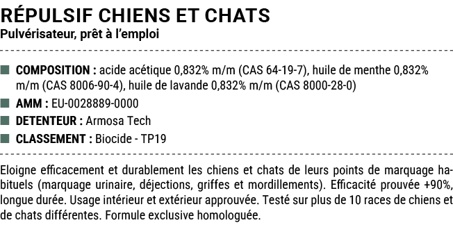 R PULSIF CHIENS ET CHATS Pulv risateur, pr t  l’emploi ■ COMPOSITION : acide ac tique 0,832% m/m (CAS 64 19 7), huil...