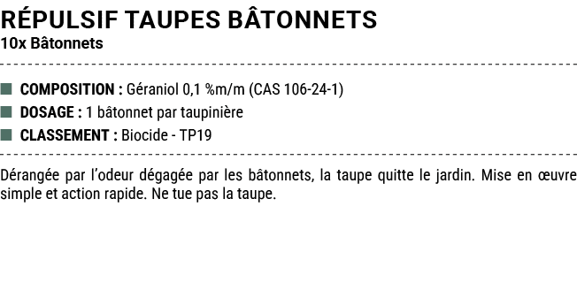 R PULSIF TAUPES B TONNETS 10x B tonnets ■ COMPOSITION : G raniol 0,1 %m/m (CAS 106 24 1) ■ DOSAGE : 1 b tonnet par ta...