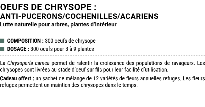 OEUFS DE CHRYSOPE : ANTI PUCERONS/COCHENILLES/ACARIENS Lutte naturelle pour arbres, plantes d’int rieur ■ COMPOSITION...