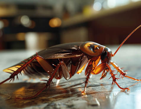 A close-up view of a cockroach on a counter. This image can be used to depict pests, infestations, or hygiene issues in households or commercial spaces.