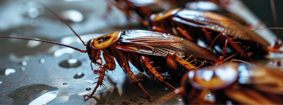 A group of large cockroaches sit on the kitchen dishwashing faucet. Disgusting insects on a dirty wet sink.