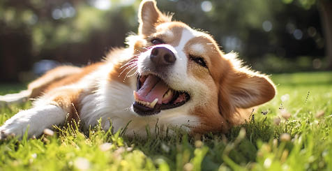 Portrait of dog in the grass. Dog lying in the garden, smile and happy. Generative AI Illustration