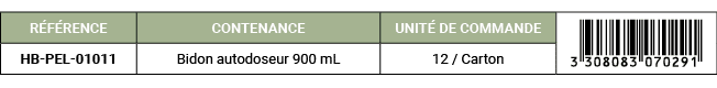 R F RENCE,CONTENANCE,UNIT DE COMMANDE,￼,HB PEL 01011,Bidon autodoseur 900 mL,12 / Carton