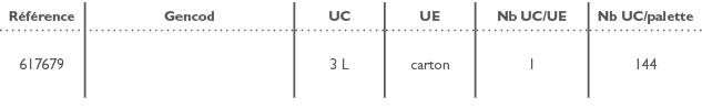 R f rence,Gencod,UC,UE,Nb UC/UE,Nb UC/palette,617679,,3 L,carton,1,144