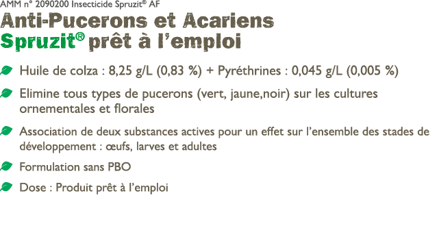 AMM n° 2090200 Insecticide Spruzit® AF Anti Pucerons et Acariens Spruzit® pr t  l’emploi ￼ Huile de colza : 8,25 g/L...